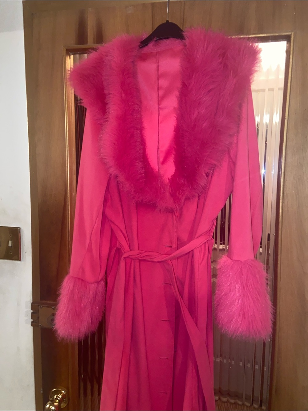 SHEIN Hot Pink Faux-Fur Trim Trench Coat